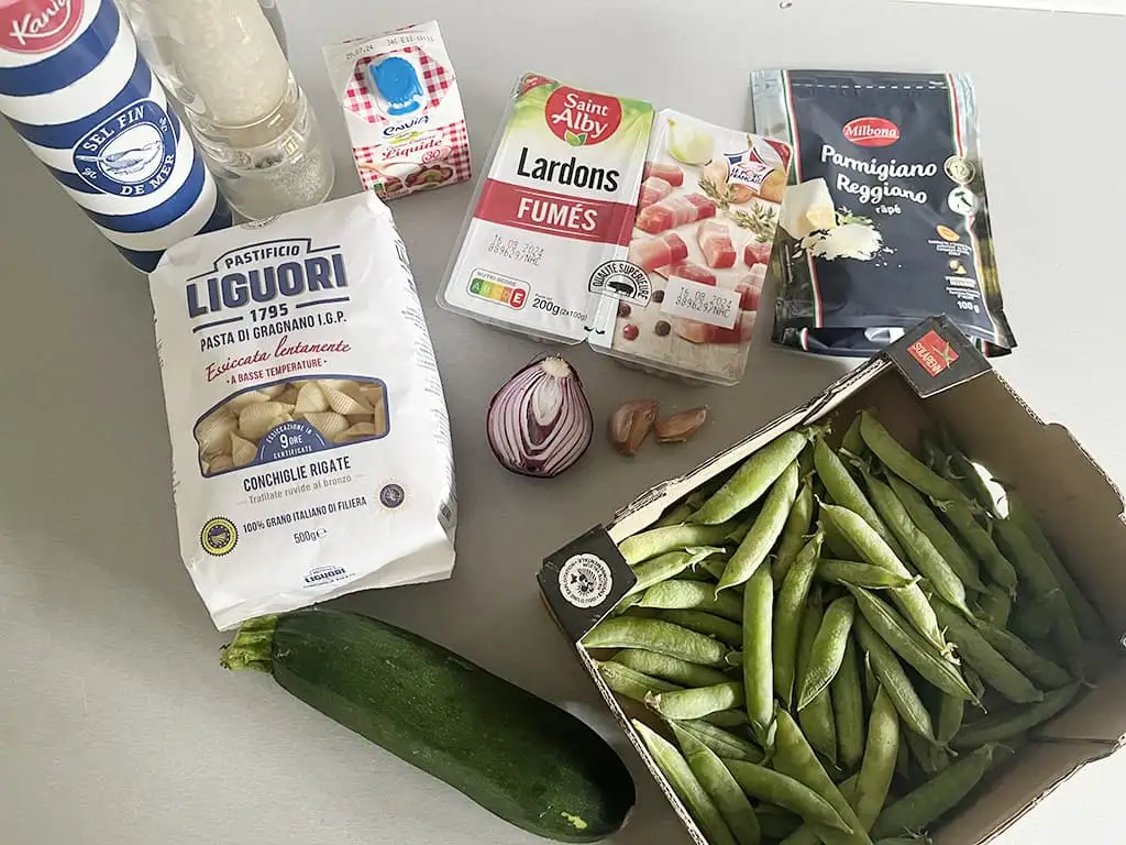 Pâtes crémeuses aux pois ingrédients